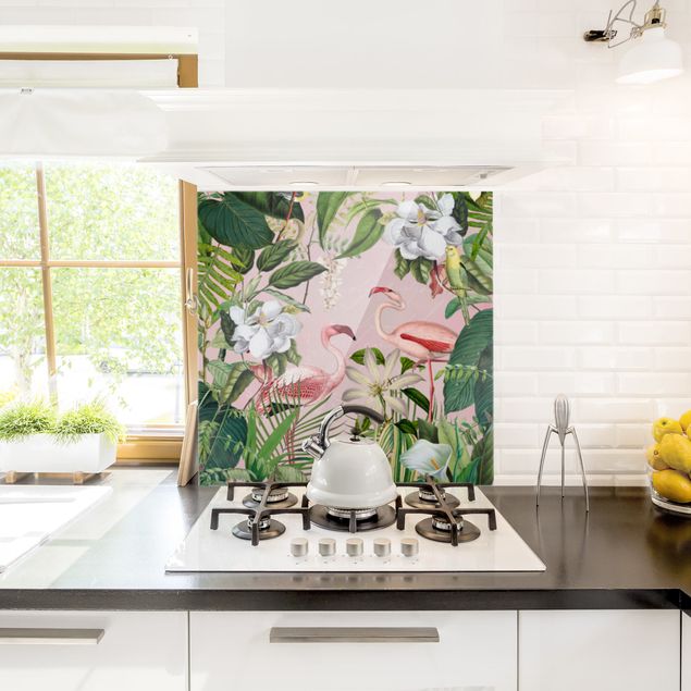 Painel anti-salpicos de cozinha flores Tropical Flamingos With Plants In Pink