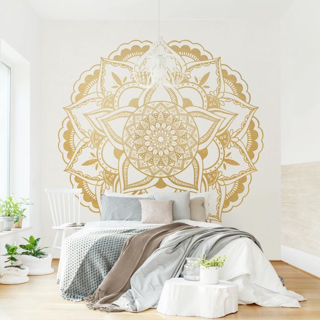 papel de parede moderno Mandala Flower Gold White