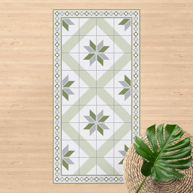 Tapete para varandas Geometrical Tiles Rhombic Flower Olive Green With narrow Border