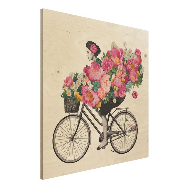 decoraçoes cozinha Illustration Woman On Bicycle Collage Colourful Flowers