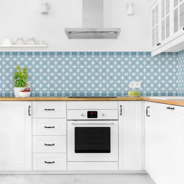 Backsplash de cozinha imitação azulejos Geometrical Tile Mix Hearts Blue Grey