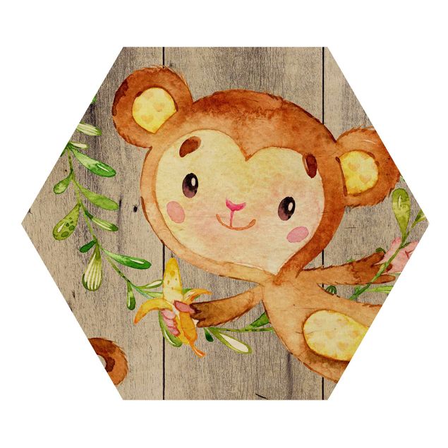 Quadros em marrom Watercolor Monkey On Wood