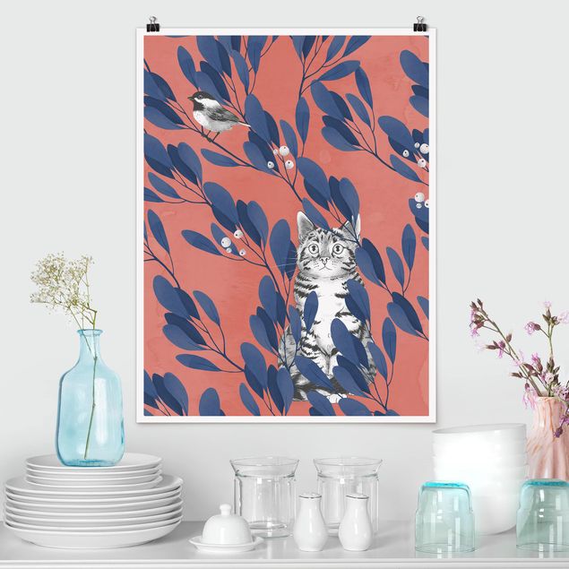 decoraçao para parede de cozinha Illustration Cat And Bird On Branch Blue Red