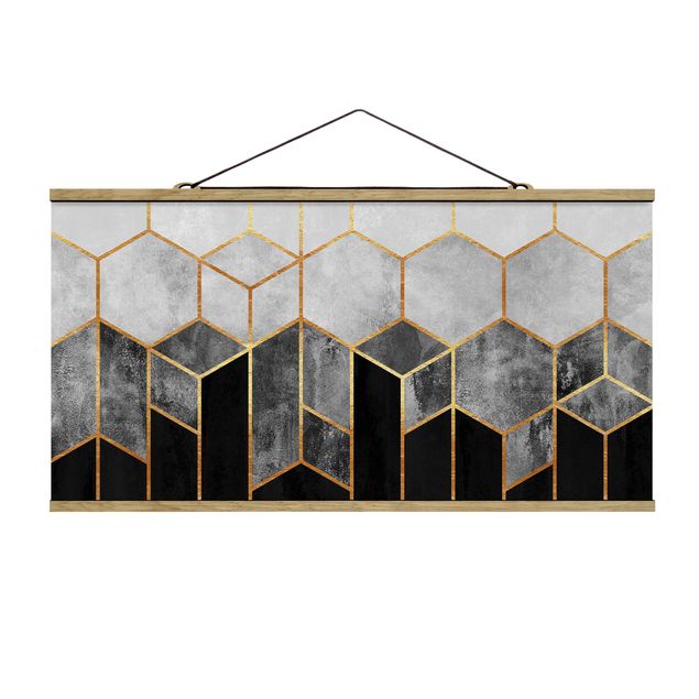 quadros abstratos modernos Golden Hexagons Black And White
