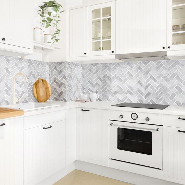 Backsplash de cozinha imitação azulejos Marble Fish Bone Tiles - Medium Grey