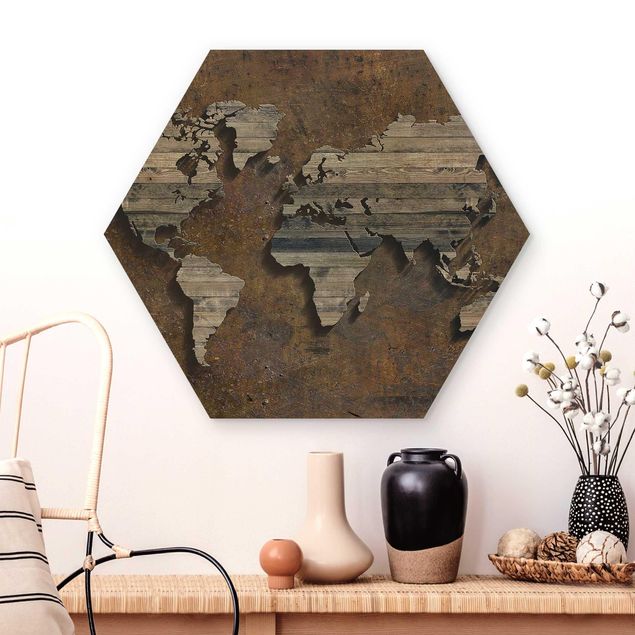 decoraçao para parede de cozinha Wooden Grid World Map