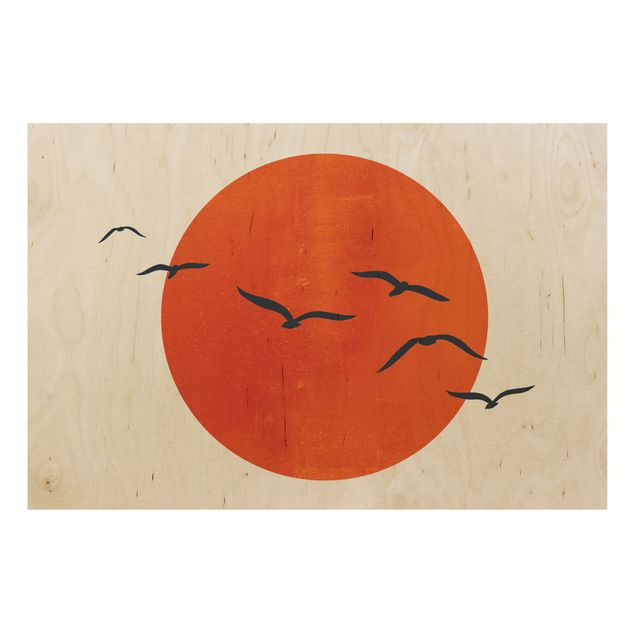 Quadros em madeira paisagens Flock Of Birds In Front Of Red Sun I