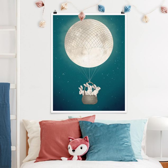 Posters quadros famosos Illustration Rabbits Moon As Hot-Air Balloon Starry Sky