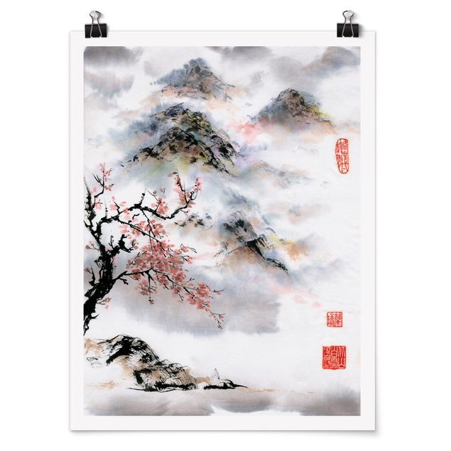 quadros de paisagens Japanese Watercolour Drawing Cherry Tree And Mountains