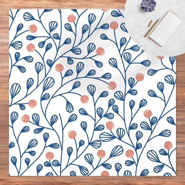 Tapete para varandas Blue Plant Pattern With Dots In LIght Pink