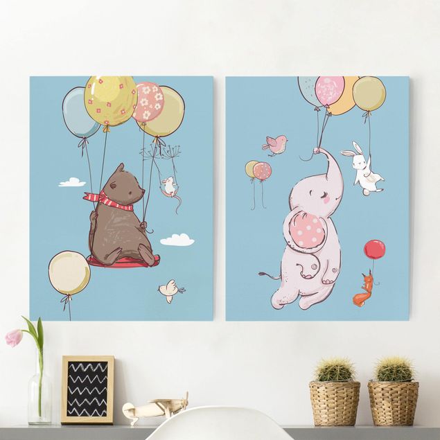 Telas decorativas elefantes Cute Animals Fly On Balloon