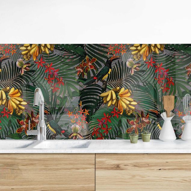 decoraçao cozinha Tropical Ferns With Tucan Green