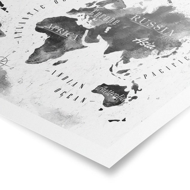 Quadros preto e branco World Map Watercolour Black