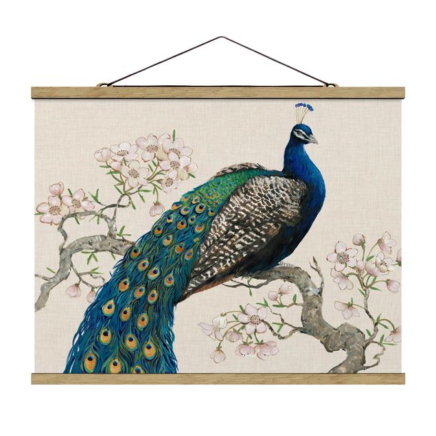 Quadros retro Vintage Peacock With Cherry Blossoms