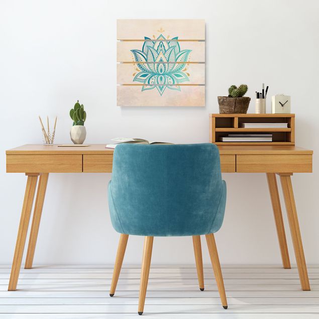 quadros em madeira para decoração Lotus Illustration Mandala Gold Blue