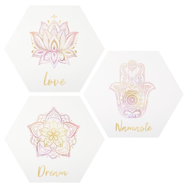 Quadros zen Mandala Namaste Lotus Set Gold Light Pink