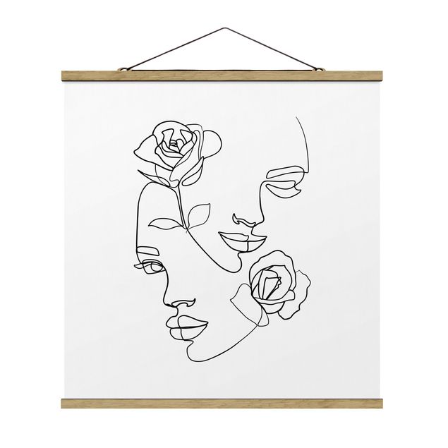 quadros de flores Line Art Faces Women Roses Black And White