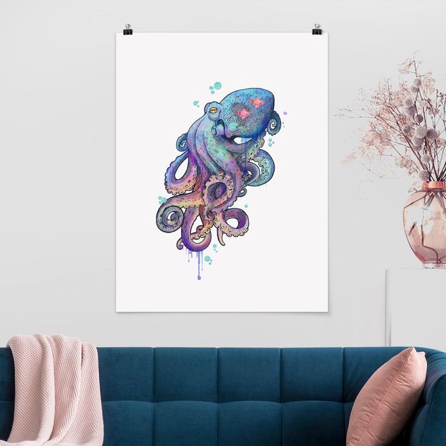 Quadros peixes Illustration Octopus Violet Turquoise Painting