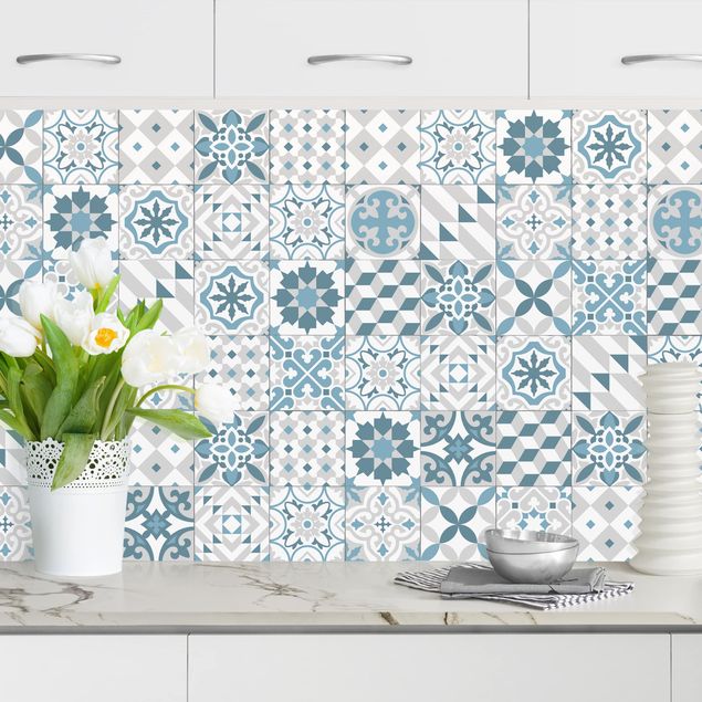 decoraçao para parede de cozinha Geometrical Tile Mix Blue Grey