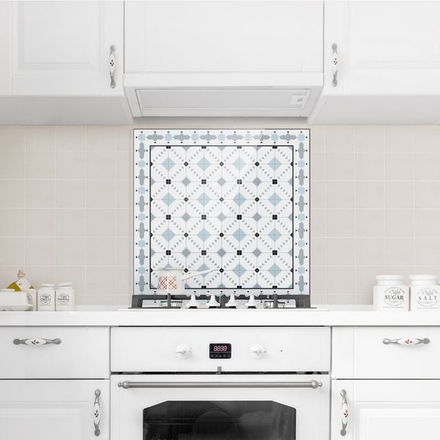 Painel anti-salpicos de cozinha padrões Geometrical Tiles Ikat Blue With Border