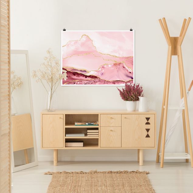 Posters quadros famosos Abstract Mountains Pink With Golden Lines