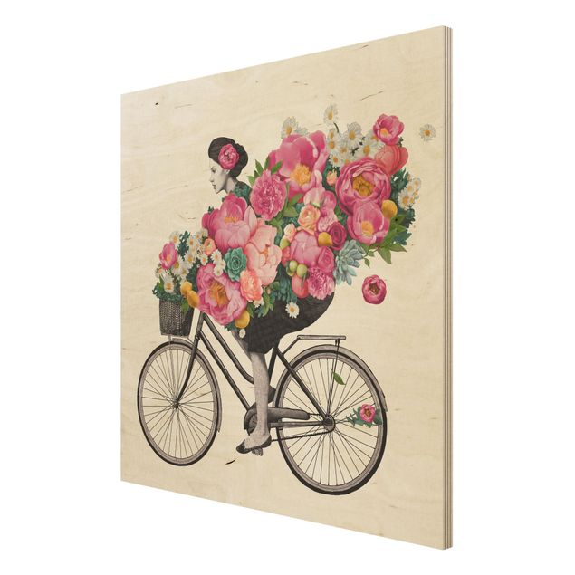 Quadros em madeira flores Illustration Woman On Bicycle Collage Colourful Flowers
