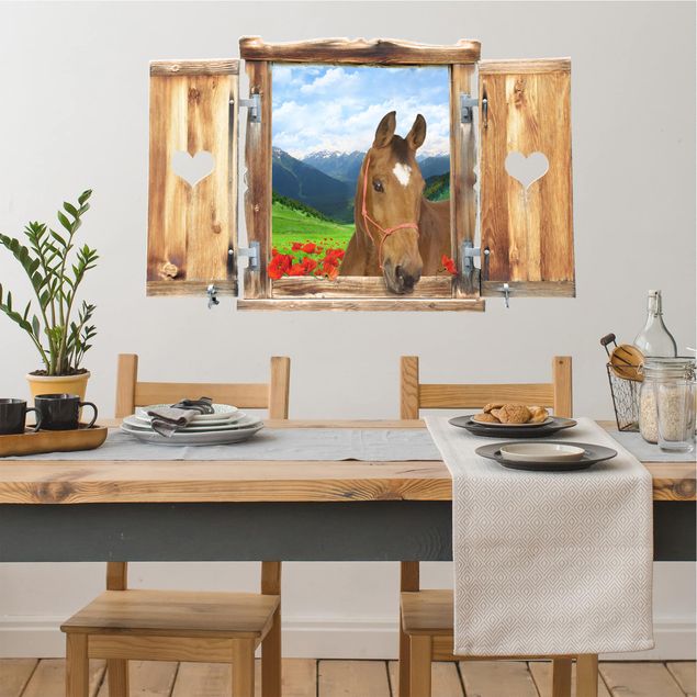 decoraçao para parede de cozinha Window With Heart And Horse Alpine Meadow