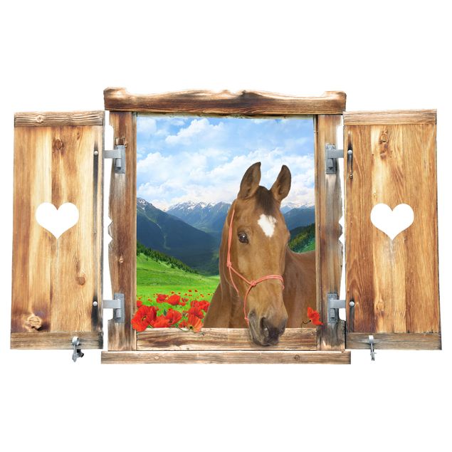 Autocolantes de parede flores Window With Heart And Horse Alpine Meadow