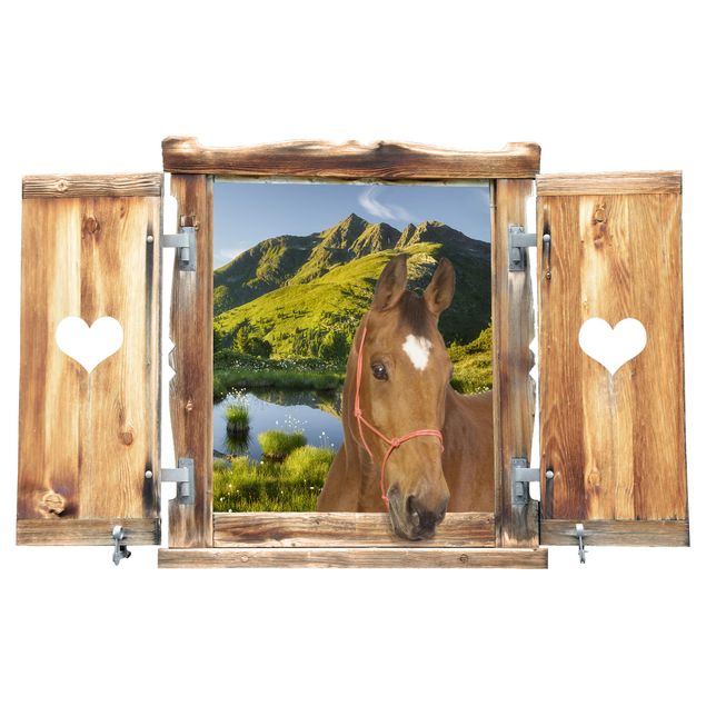 Autocolantes de parede 3D Window With Heart And Horse Looking Into Defereggental