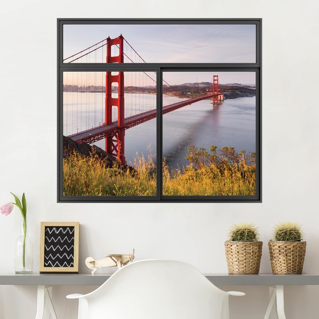Autocolantes de parede metrópoles Window Black Golden Gate Bridge  In San Francisco