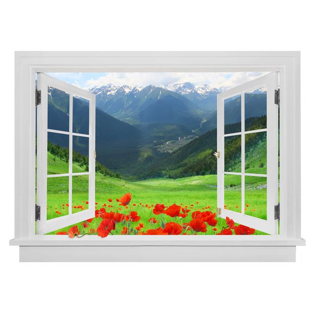 Autocolantes de parede 3D Open Window Alpine Meadow And Poppies