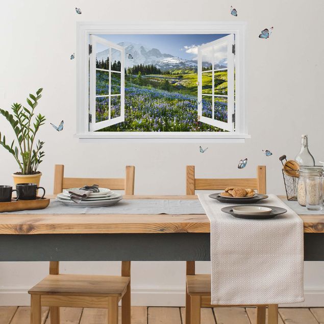 decoraçoes cozinha Open Window Mountain Meadow With Flowers In Front Of Mt. Rainier And Butterflies