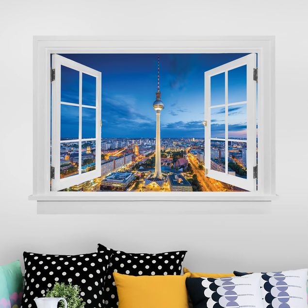 Autocolantes de parede metrópoles Open Window Berlin Skyline At Night With Television Tower