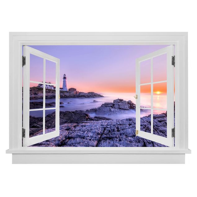 Autocolantes de parede 3D Open Window Lighthouse In The Morning