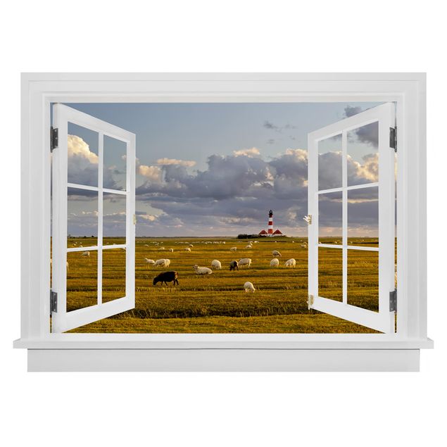 Autocolantes de parede 3D Open Window North Sea Lighthouse With Sheep Herd