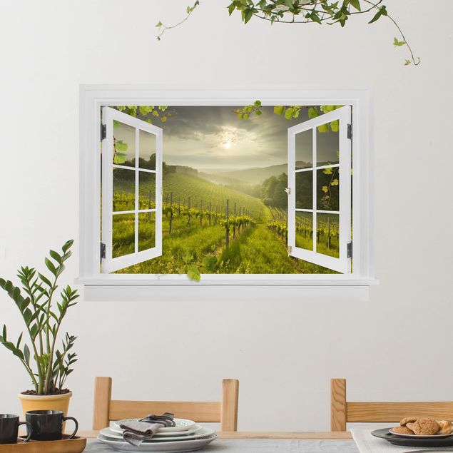 Autocolantes de parede gavinha Open Window Sun Rays Vineyard With Vines And Grapes