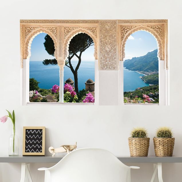 Autocolantes de parede imitação de pedra Decorated Window View From The Garden On The Sea