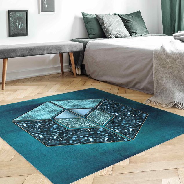 tapete para sala moderno Blue Hexagon With Golden Contour