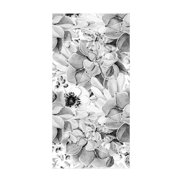 tapete branco e preto Watercolour Succulent With Flower In Black And White