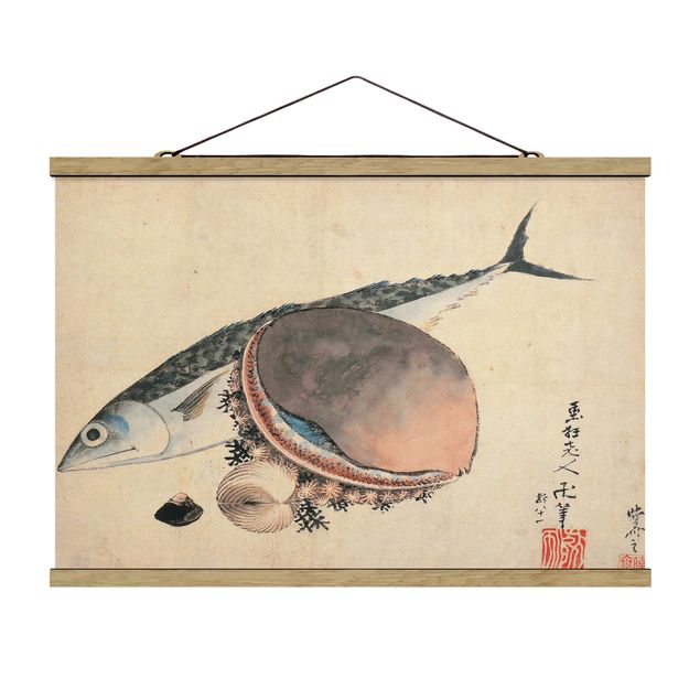 Quadros famosos Katsushika Hokusai - Mackerel and Sea Shells