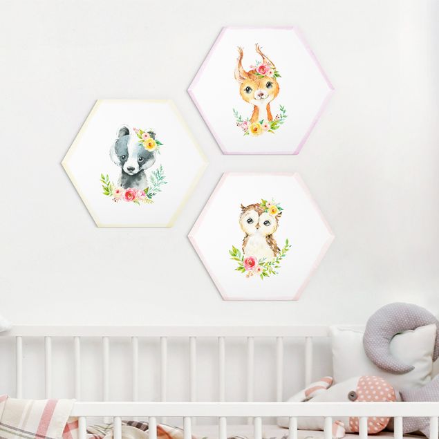 decoração quarto bebé Watercolour Forest Animals With Flowers Set III