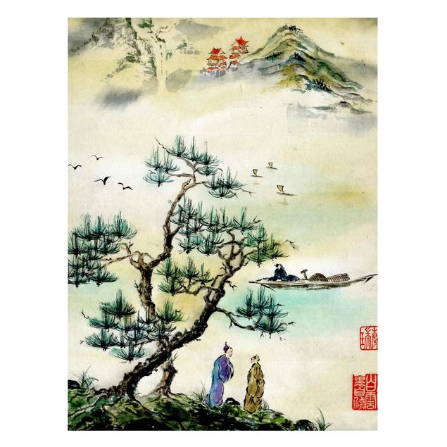 quadro de árvore Japanese Watercolour Drawing Pine And Mountain Village