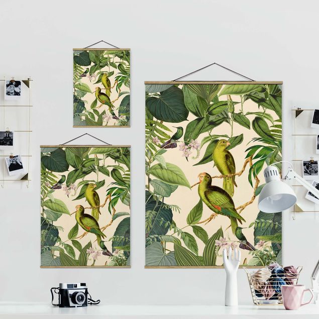 quadro decorativo verde Vintage Collage - Parrots In The Jungle