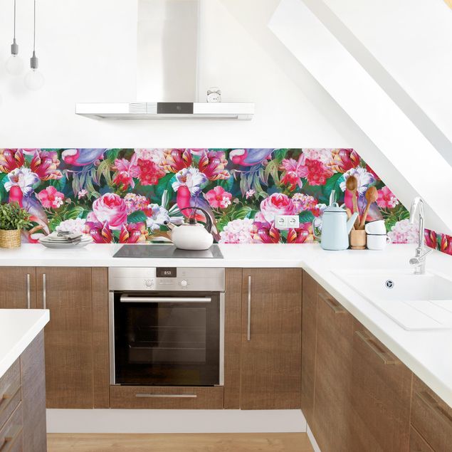 Backsplash de cozinha flores Colourful Tropical Flowers With Birds Pink