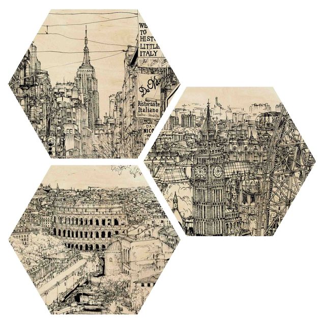 Quadros hexagonais 3 partes City Studies - New York - London - Rome