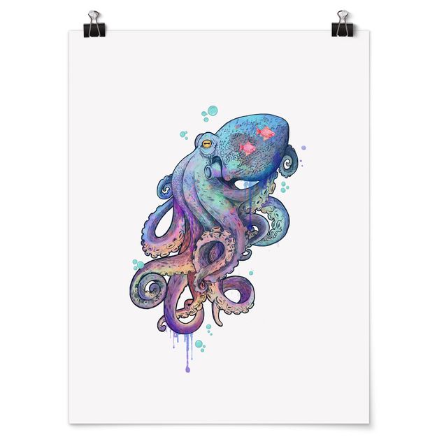 Posters animais Illustration Octopus Violet Turquoise Painting