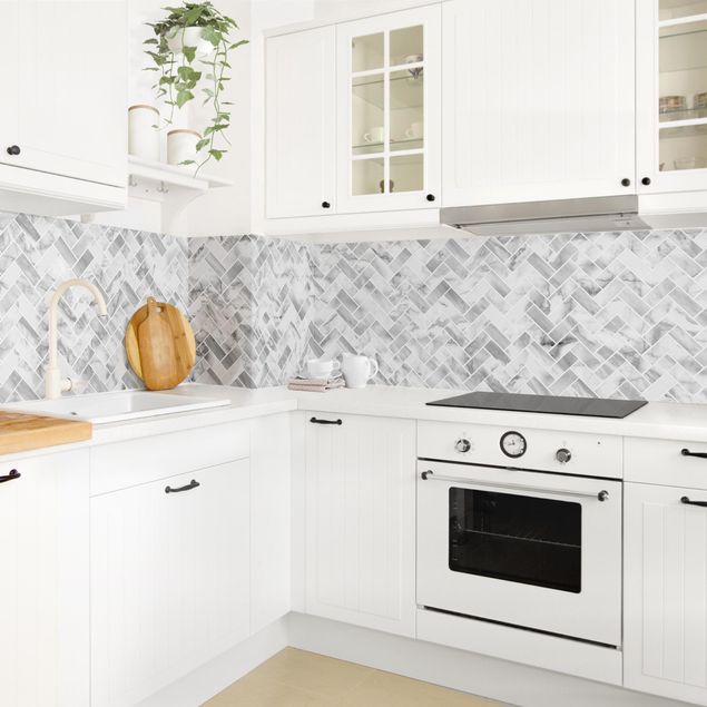 Backsplash de cozinha imitação azulejos Marble Fish Bone Tiles - White