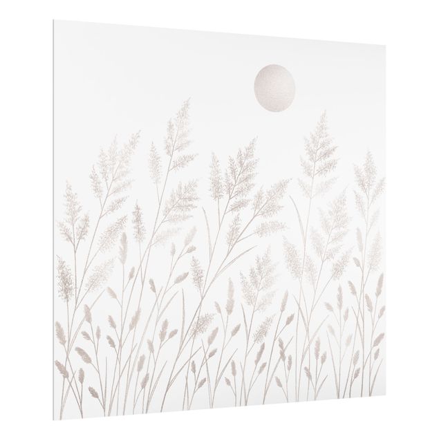 painel anti salpicos cozinha Grasses And Moon In Silver