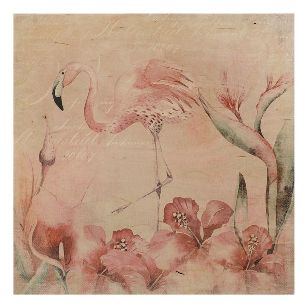 Quadros em madeira flores Shabby Chic Collage - Flamingo