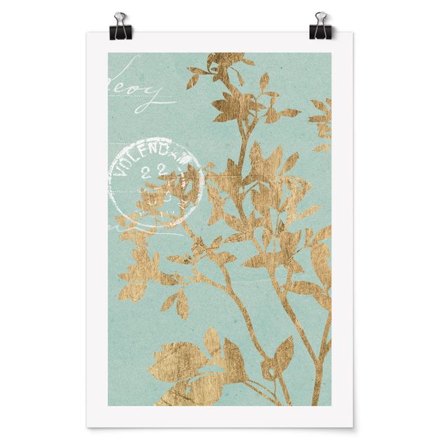 quadro com flores Golden Leaves On Turquoise II